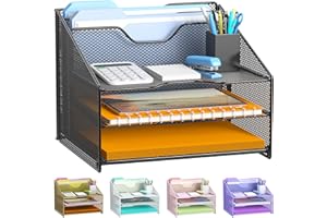 Samstar Desk File Organizer, Mesh Letter File Folder Holder with 3 Paper Trays and 2 Vertical Upright Section, for Office Supplies,Desk Accessories & Workspace,Black.