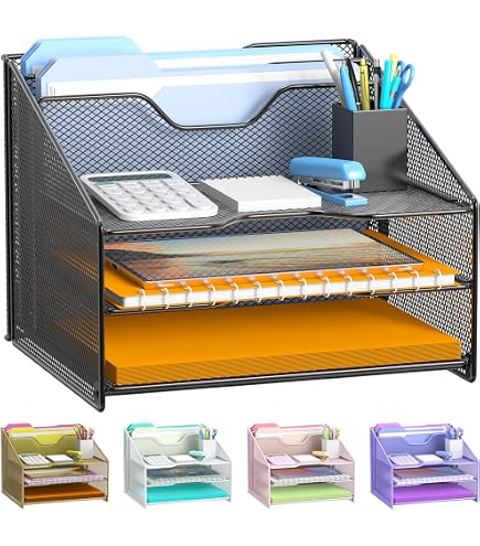 thumbnail image 2 of SAYEEC 3-Tier Mesh Desk Paper Organizer - Letter Tray With Handle, Sliding Tray & Paperclips 2 of 10