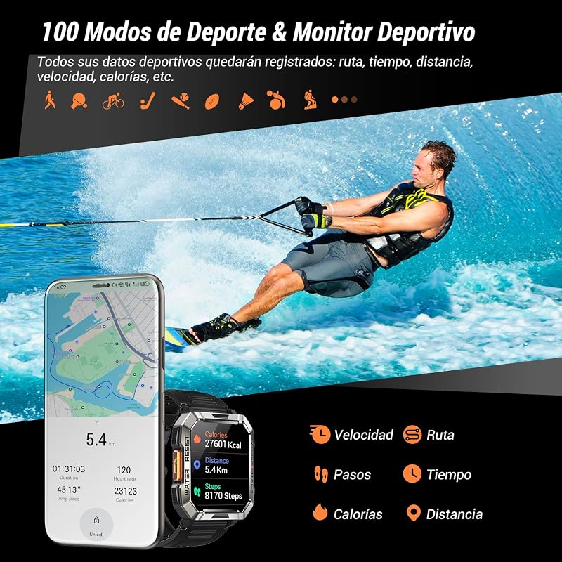 Reloj Inteligente Hombre con Linterna y Brújula,2.01" Militar Smartwatch Hombre Llamadas Bluetooth/Notificación,IP68,Monitor de Sueño,Pulsómetro,SpO2,Podómetro,100+Modos Deportivos para Android iOS