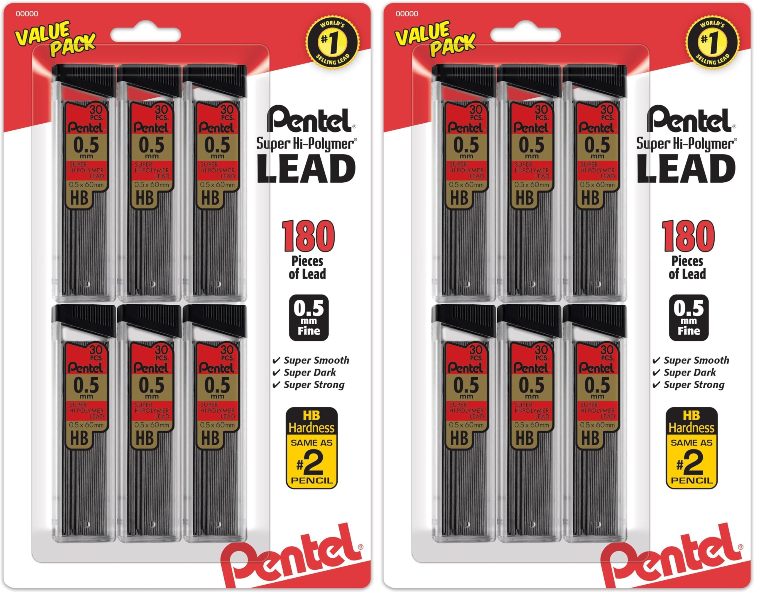 Pentel Super Hi-Polymer Refills, 0.5 mm Fine, HB, 180 Pieces of Lead (C25BPHB6), (Pack of 2)