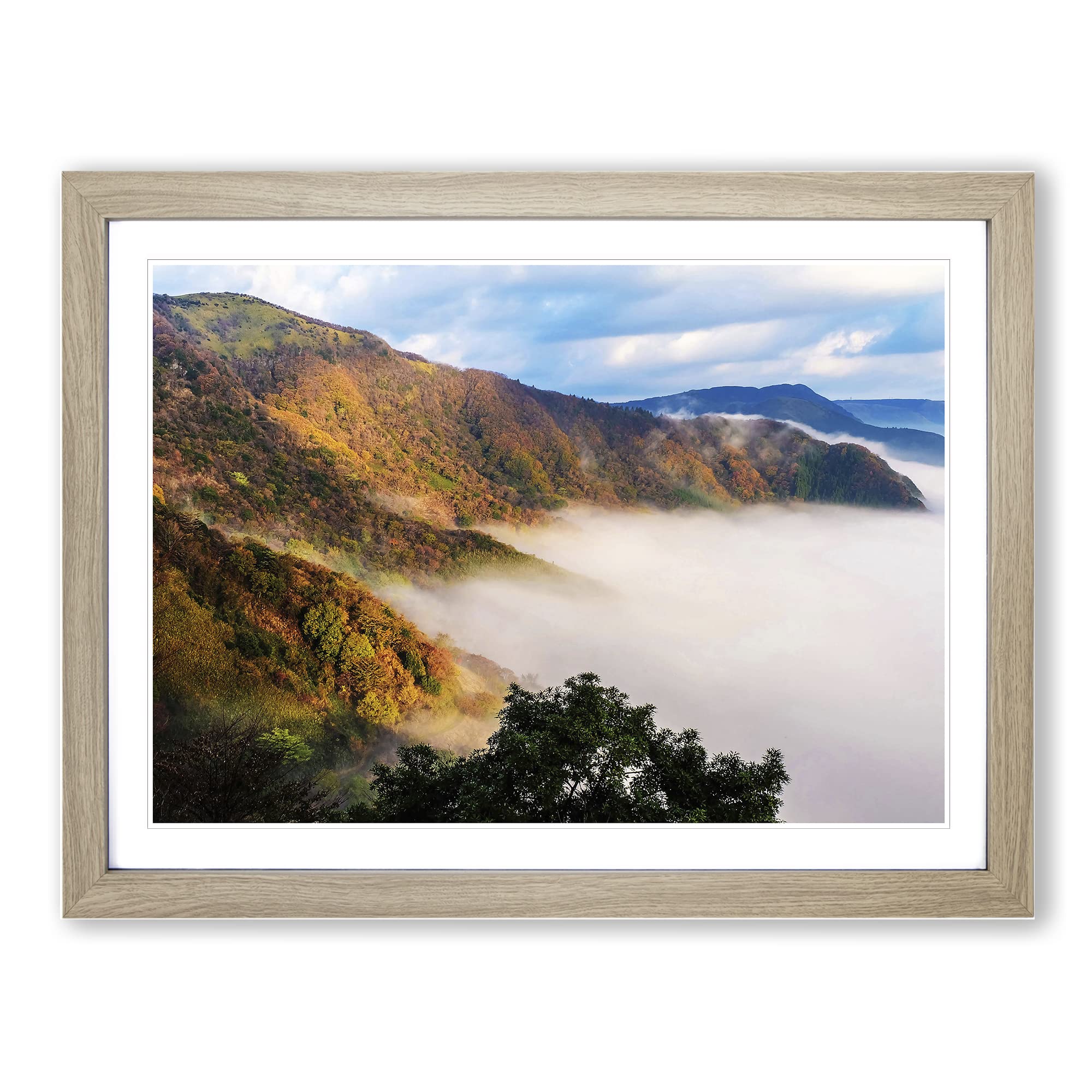 Landscape Aso Kumamoto Japan Mountain No.2 Modern Framed Print | A4 Oak Framed Wall Art | Ready to Hang | Modern Landscape Picture | Living Room Bedroom Lounge Office
