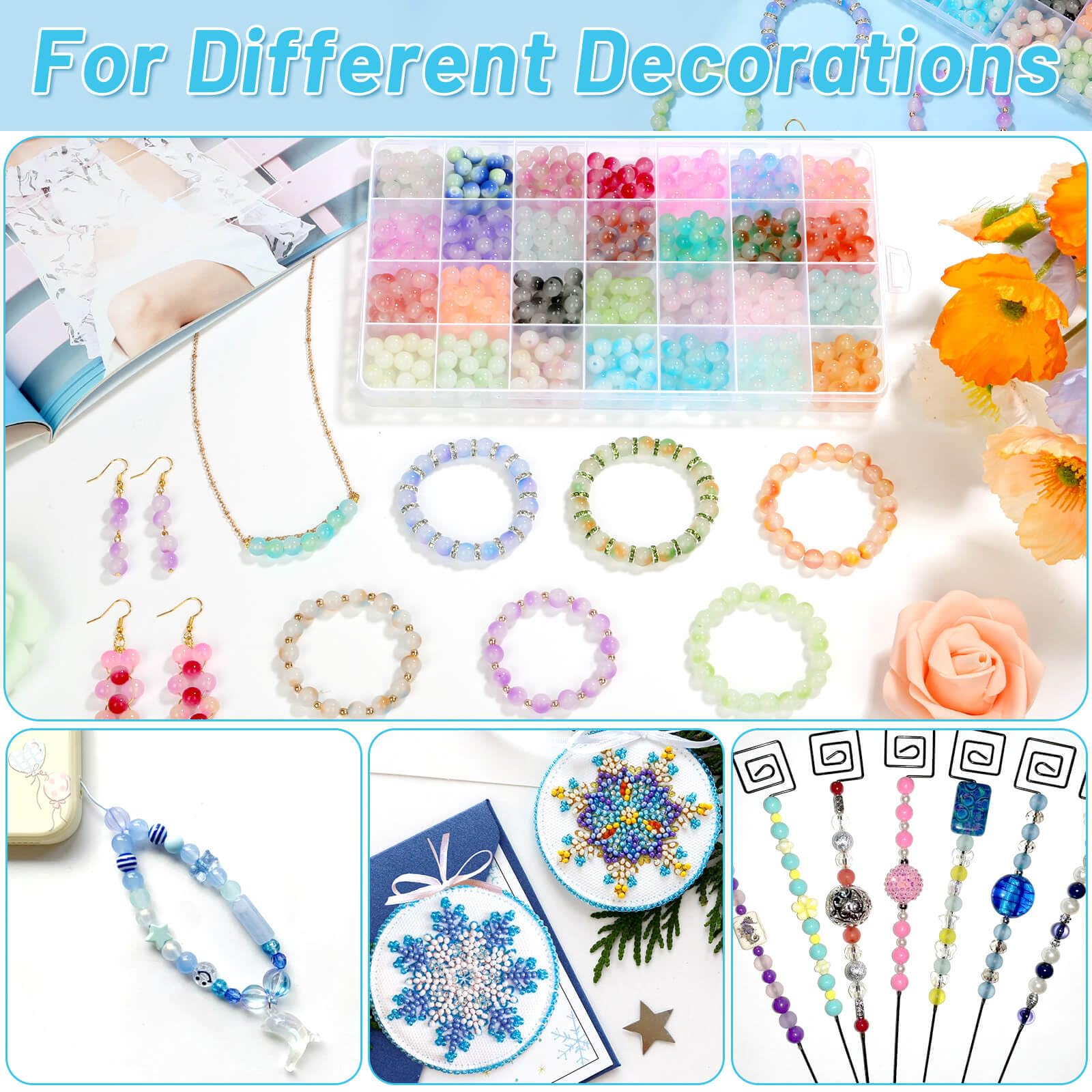 shynek 700 Pieces 8mm Glass Beads for Jewelry Making, 28 Bicolor Glass Crystal Beads Bracelet Kit for DIY Crafts
