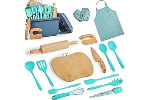 Pulcher Kids Cooking & Baking Sets Real Little Chef Cooking Utensils Kitchen Set Gifts for Girls Boys Juniors with Utensils Cutting Board Kids Safe Knife Rolling Pin Apron Storage Box (Blue Green)