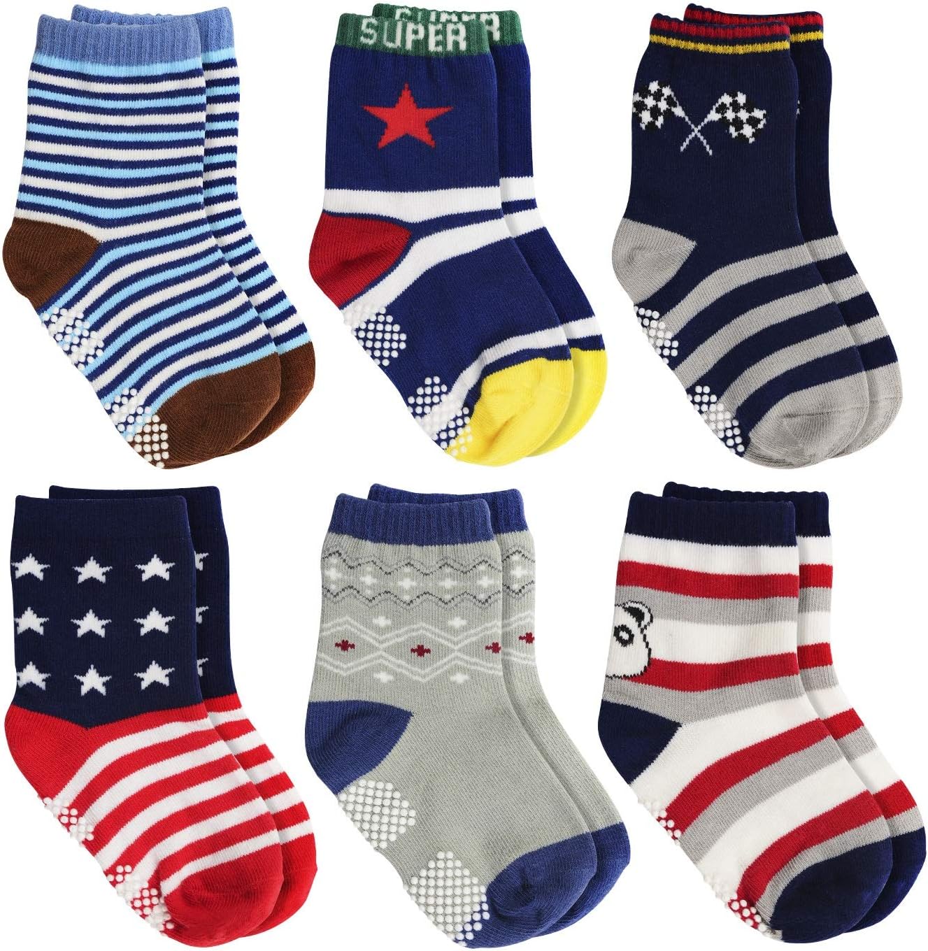 LAISOR Anti Slip Cotton Crew Socks with Grips For Kids Toddlers Baby Boys