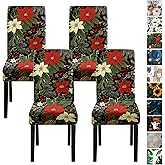 THISFIND Flower Chair Covers for Dining Room – Festive Holiday Floral Print Slipcovers with Red Poinsettia, Pinecones & Holly