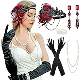 GurZinn 1920s Flapper Gatsby Costume Accessories Set 20s Flapper Headband Vintage Pearl Necklace Gloves
