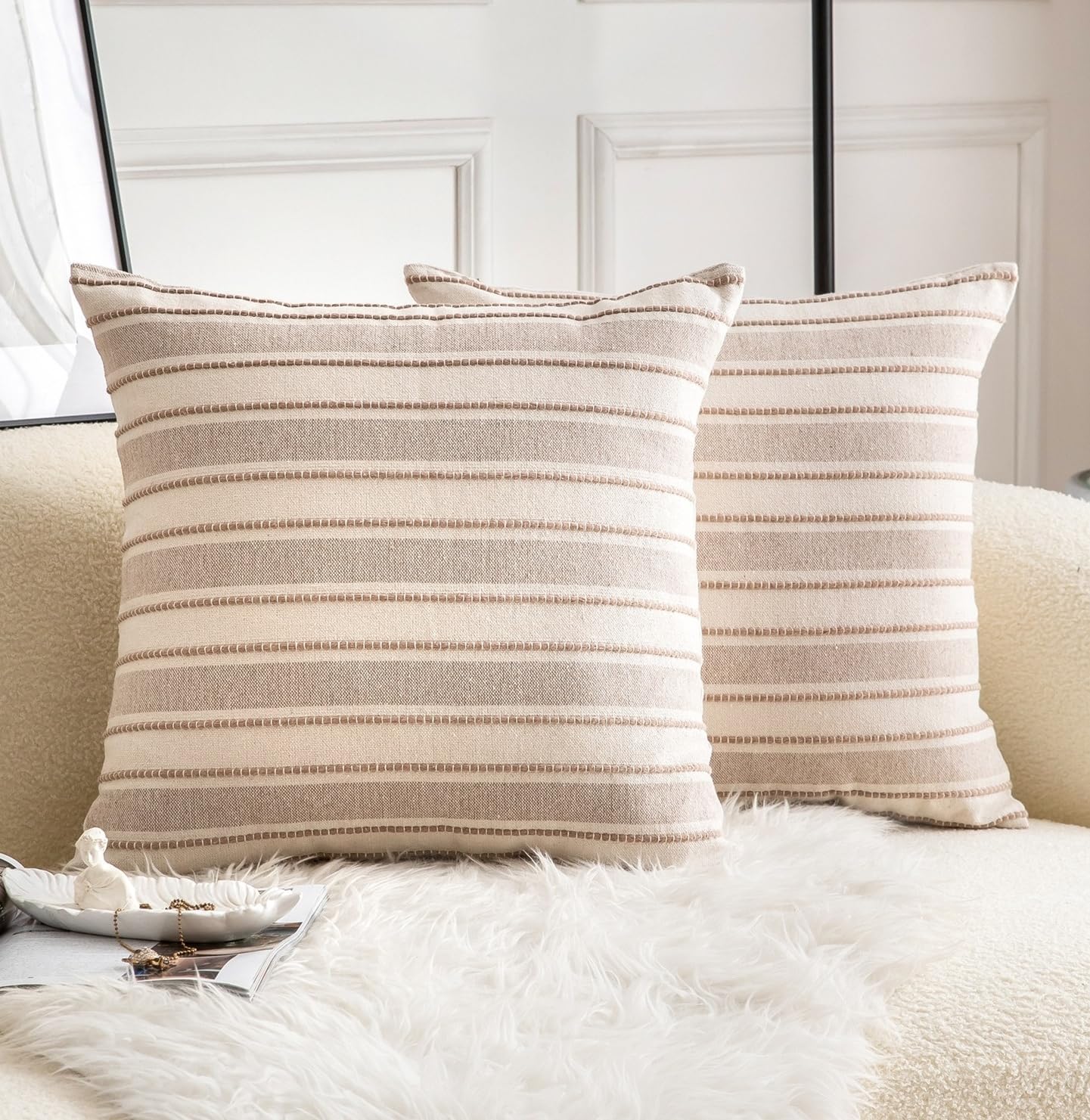 Photo 1 of Cethom Decorative Boho Throw Pillow Covers, Farmhouse Textured Pillow Case, 20 x 20 Inch Set of 2, Chair Sofa Bedroom Living Room Home Decor Couch Cushion Case, Taupe and Beige Striped