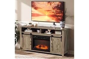 VINGLI Fireplace TV Stand with Sliding Barn Door for 70 Inch TV, Farmhouse Entertainment Center with 23" Fireplace, Fireplace Media Console Table with Storage Cabinets for Living Room, Gray Oak