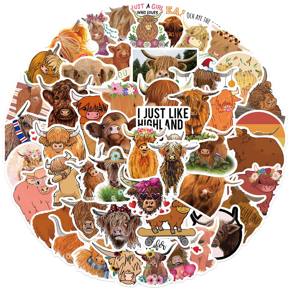 50Pcs Highland Cows Stickers for Kids Teens Adults Boys Girls Gift,Stickers Pack for Laptop,Skateboard Luggage Car Bike Cup Computer Water Bottle Decor,Highland Cattle Vinyl Waterproof Sticker Decal