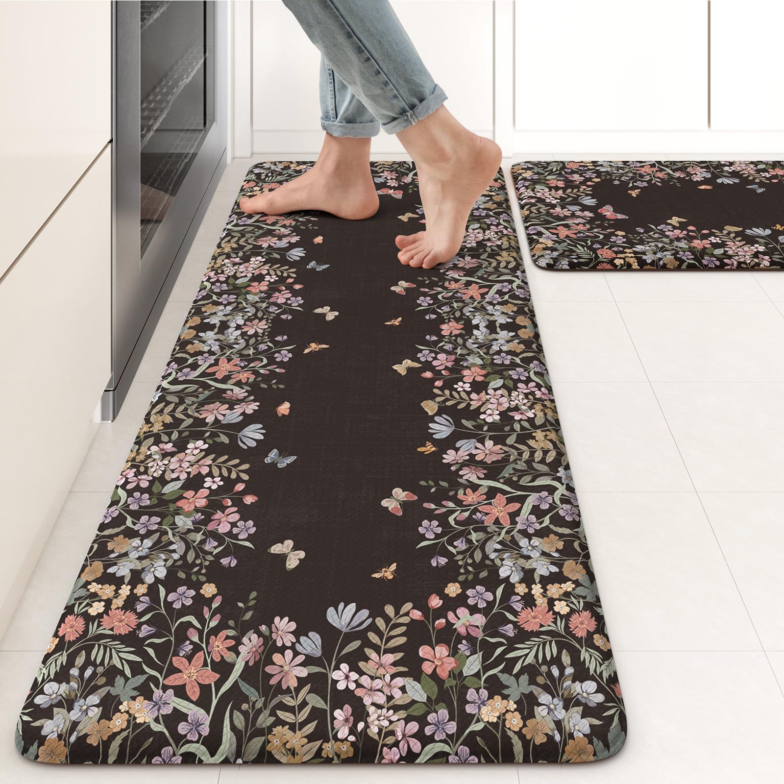Photo 1 of **MISSING 1** KIMODE Anti Fatigue Kitchen Mats for Floor, Farmhouse Black Kitchen Rugs Sets of 2, Summer Cushioned Kitchen Floor Mats, Comfort Standing Mats for Sink Laundry Office Desk 17"x47"+17"x29"