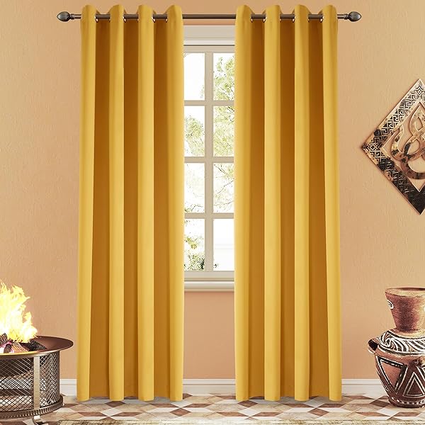 LCOOMZEN GROMMET BLACKOUT CURTAINS FOR BEDROOM AND LIVING ROOM 2 PANELS SET THERMAL INSULATED ROOM DARKENING CURTAINS (W52 X L90 INCH, YELLOW OCHRE)