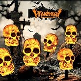 5 PCs Solar Auto Sensor Skeleton Halloween Skull Pathway Lights, Waterproof & Battery Operated Skull Stake Lights for Halloween Decorations Outdoor Garden Yard Pathway Decor Yard Garden Party