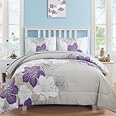 Luxudecor Purple Comforter Set King Size, Purple Floral Pattern Printed on Grey, Soft Microfiber 7 Pieces Bed in a Bag (1 Comforter, 2 Pillow Shams, 1 Flat Sheet, 1 Fitted Sheet, 2 Pillowcases)