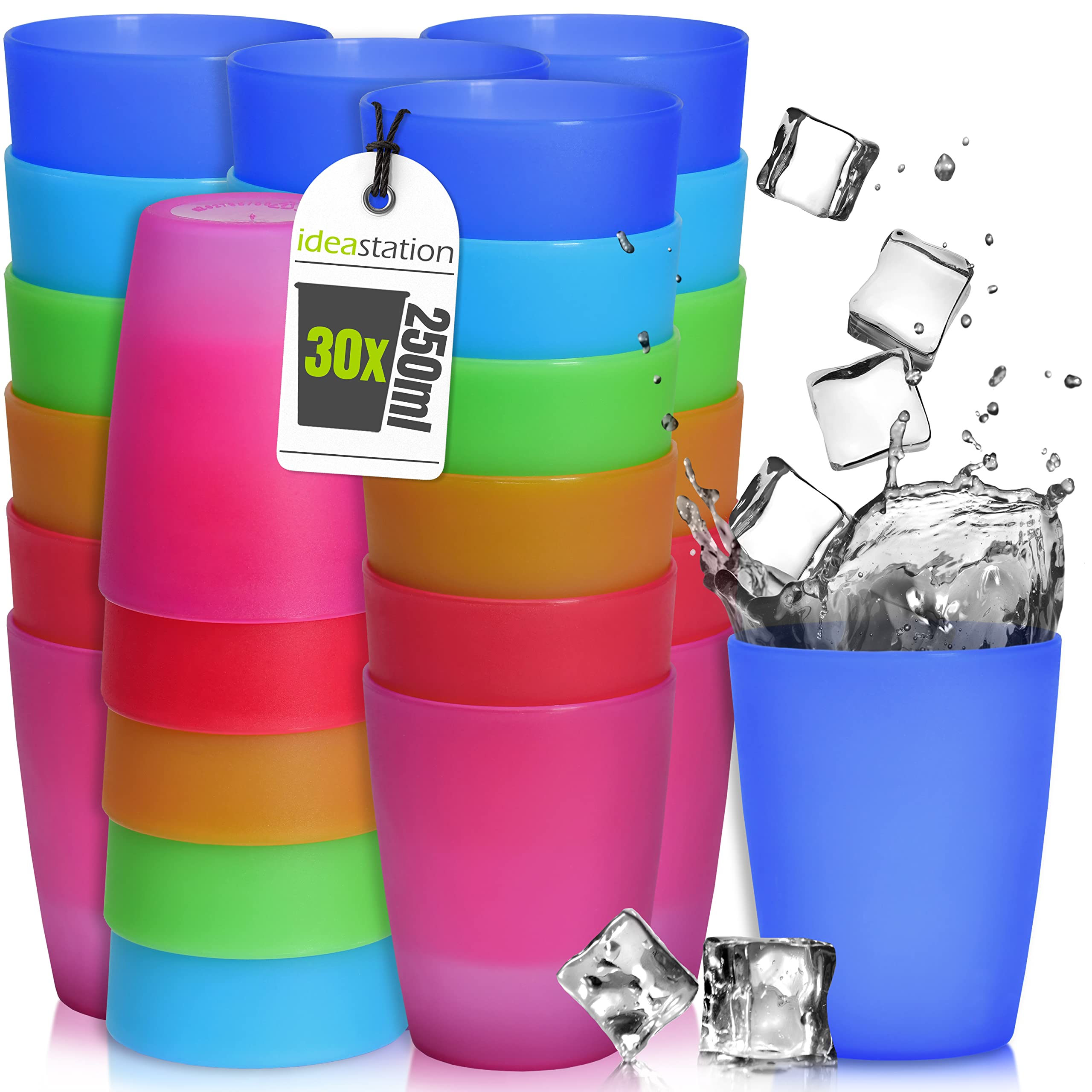 idea-station NEO Plastic Cups 30 x 250 ml - Colourful - Plastic Cocktail Glasses - Perfect Party Cups for Cold & Hot Drinks - Reusable for Camping Kitchen, BBQ, Birthdays, Outdoor Activities