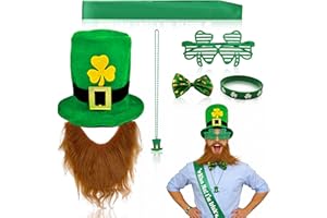 7Pcs St. Patrick's Day Costume, St Patricks Day Accessories with Top Hat Beard Tie Necklace Badge Glasses Wristband for Party