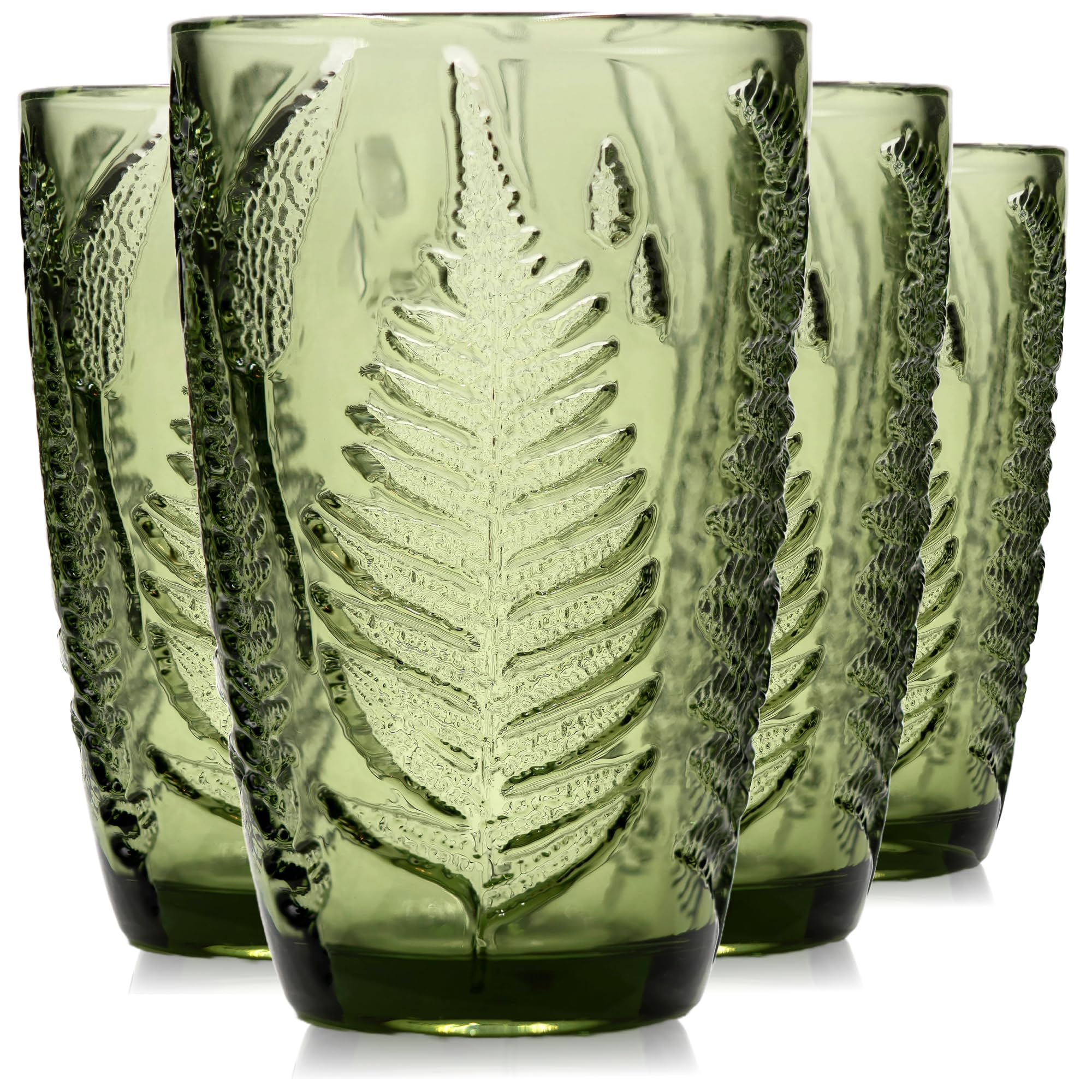 Photo 1 of Green Drinking Glasses Set of 4, 12 oz Hand-Pressed Vintage Drinking Glasses, Deep Textured Antique Glassware, Fern Embossed Highball Tumblers, Colored Boho Glass Cups, Retro Style Drinkware Gift SetLPNPMFG8134651
