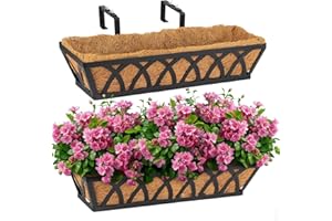 BTRAM 2 Pack 36IN Window Box Railing with Adjustable Brackets, Hanging Flower Planter Basket with Coco Liner for Outdoor Balcony Porch Fence Patio (Black)
