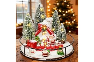 WARMTREE 12 Pcs Christmas Village Set, Oak Wooden Lazy Susan for Christmas Table Centerpieces, Xmas House Decorations Set with Winter Ornaments, Santa, Trees, Snowman Holiday Centerpieces