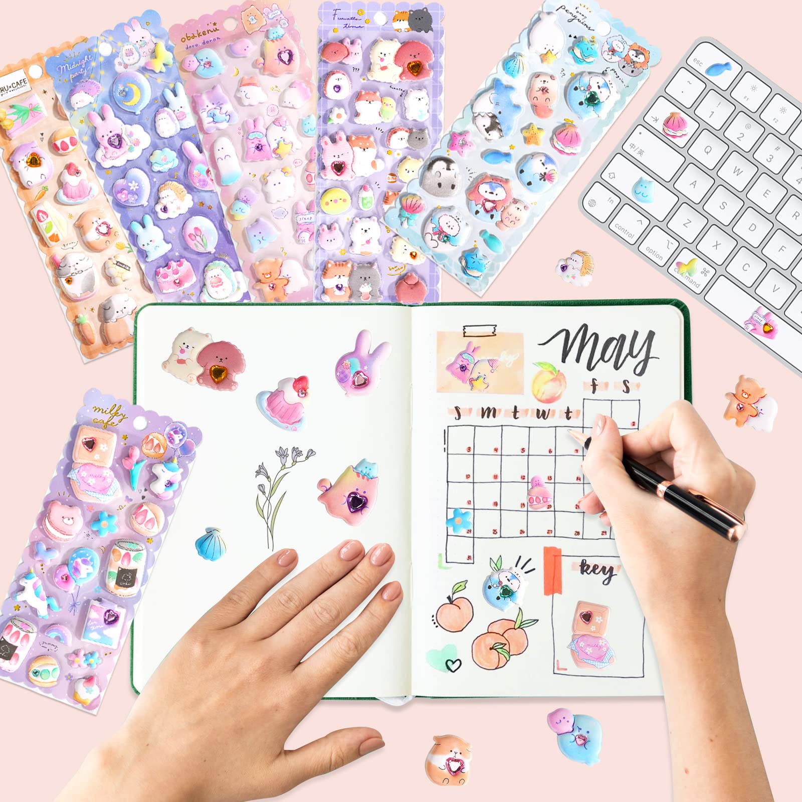 Thick Puffy Stickers for Kids Girls Cute Kawaii Japanese Soft Stickers for Teens Large 3D Squishes Stickers with Gem Embellishment Reusable Puff Stickers for Stationary Phone Case,6 Sheets.