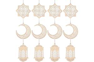 Willbond 12 Pcs Ramadan Wooden Ornaments Eid Mubarak Hanging Hollow Pendant Ramadan Party Wall Decorations Moon Star Lantern Shape Ornament for Muslim Islam Festive Home Table Decoration
