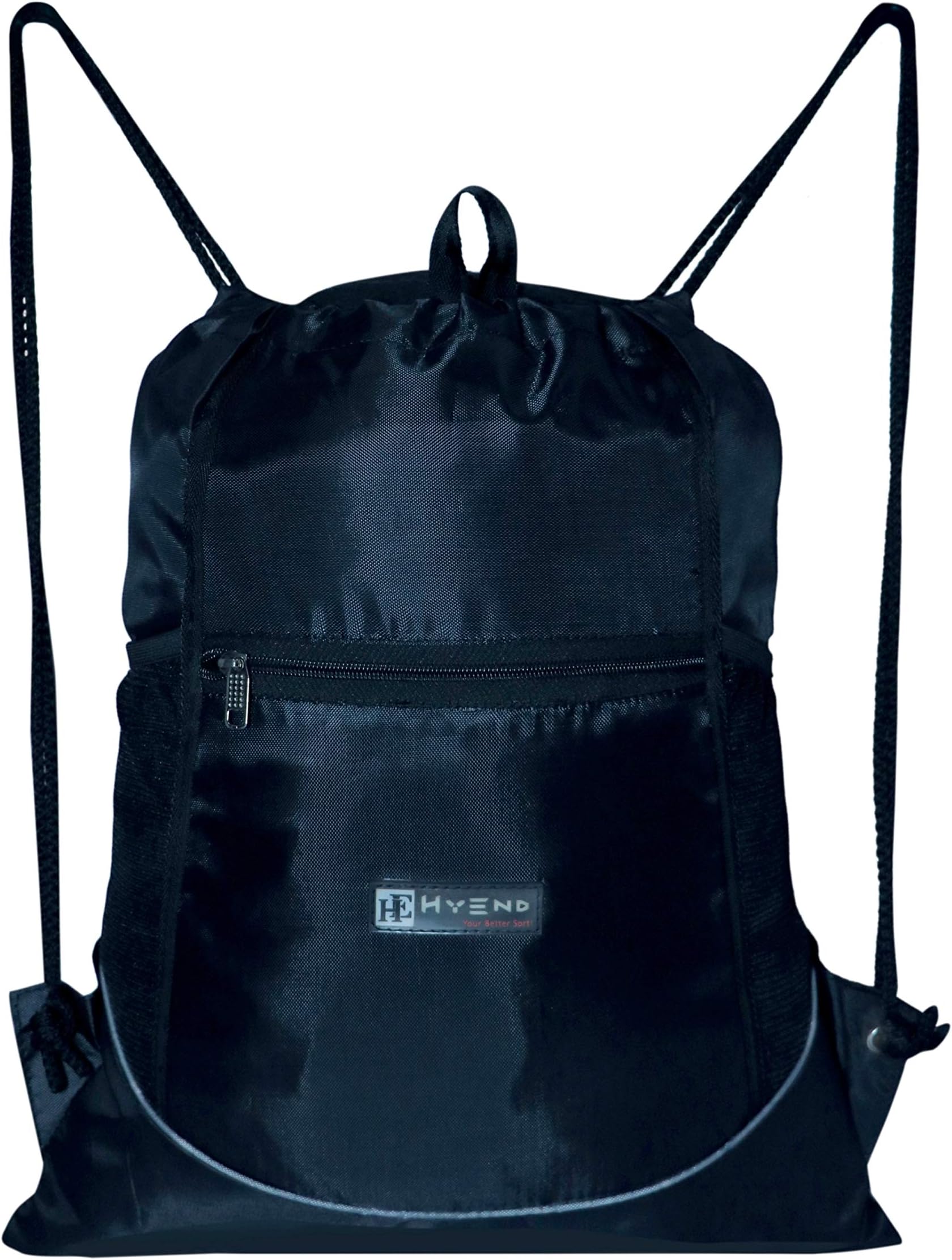 HyEnd Youth Men's and Women's Polyester Drawstring Gym Swimming Workout Training Sports Liquid Keeper Folding Water Resistant Bag with Front Zip; Handle; 2 Side Net Pockets (Black ; Size: 44X38X1cm)