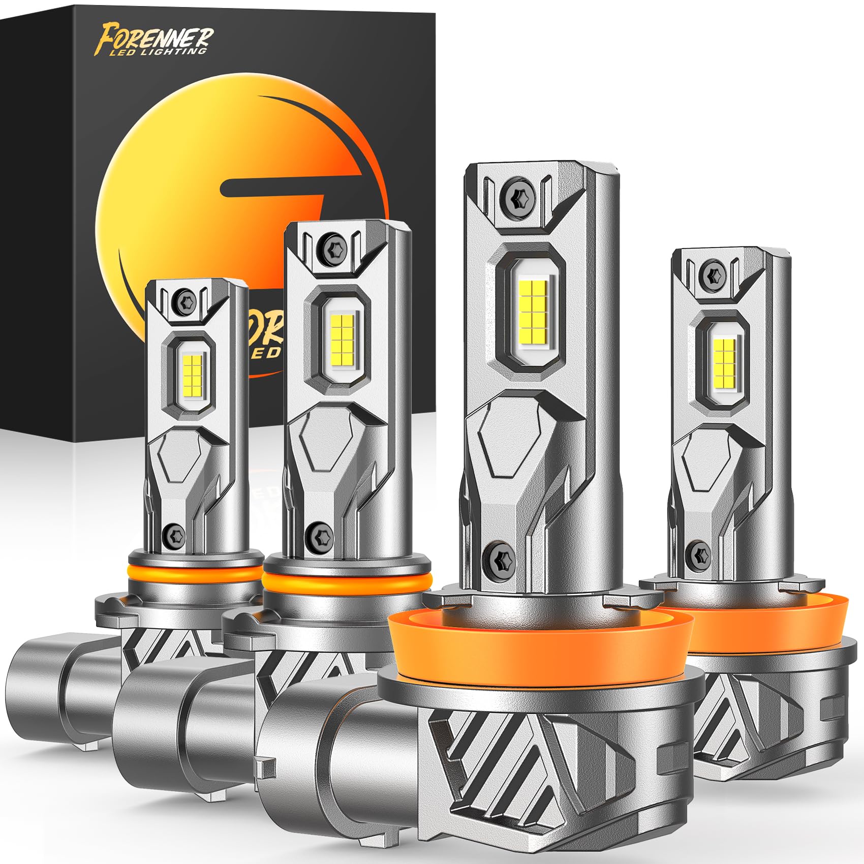 FORENNER H11 9005 Light Bulbs Combo, 800% Ultra Brightness 6500K Cool White, H11/H9/H8 9005/HB3 Fog light Bulbs Kits, 1:1 Mini Size, Play-N-Plug , lP68, Pack of 4 Image