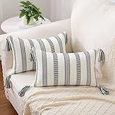 Smile Bee Boho Outdoor Couch Throw Pillow Covers Set of 2, Decorative Lumbar Thick Woven Striped Accent Neutral Pillow Covers with Tassels for Bed Sofa Home Decor, 12x20 Inch, Black and Cream White
