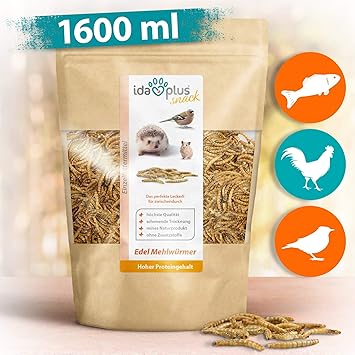 Ida Plus - Edel Mehlwürmer getrocknet - 1600 ML - Insekten Snack für Hühner, Igel, Hamster, Teichfische und Reptilien - Vogel