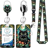 Lanyard with Id Holder, Flowers Cat Retractable Lanyards for Id Badges for Women Cute, Heavy Duty Carabiner Clip, Vertical Id Badge Holder with Lanyard Breakaway for Teacher Student Nurse Office