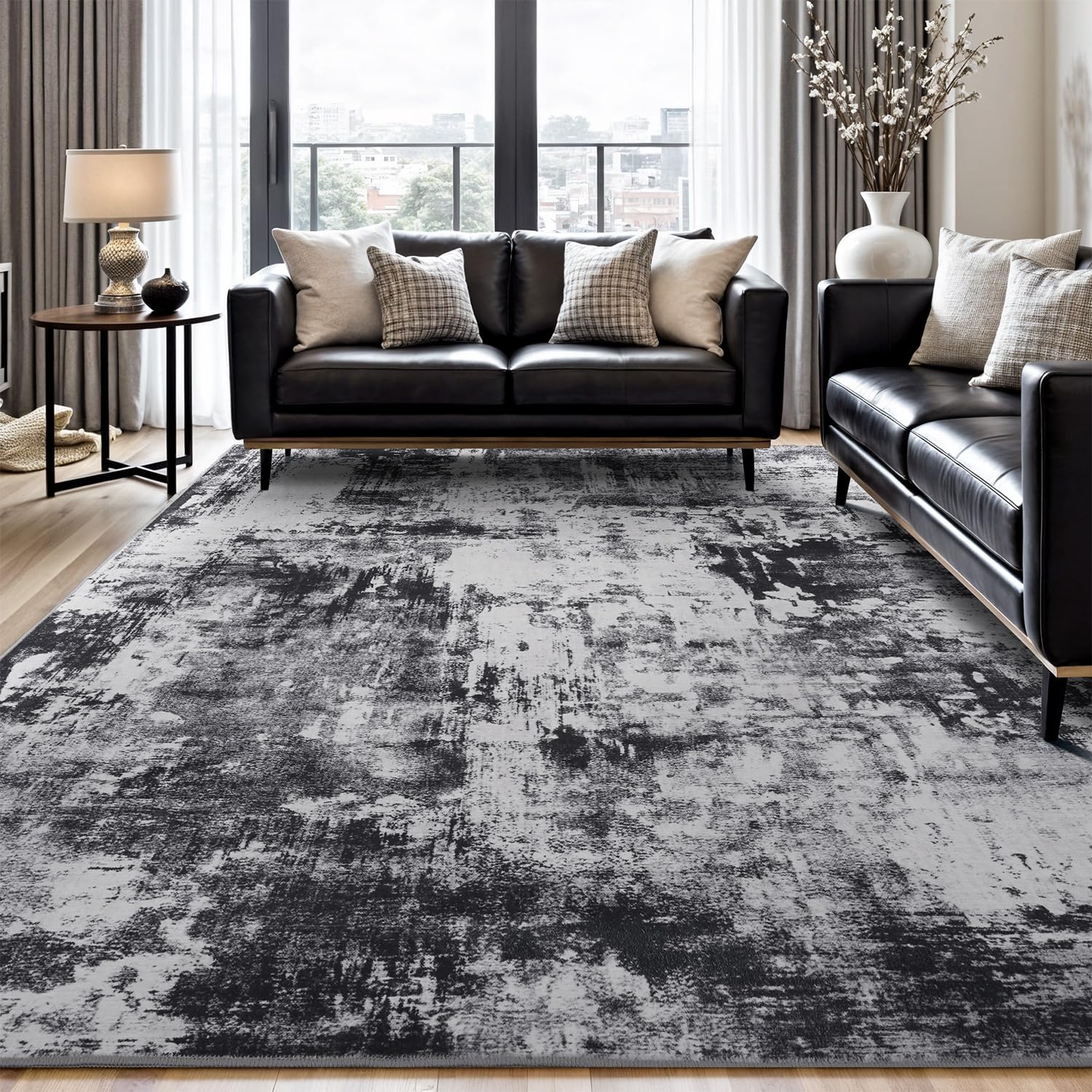 Rugflix 8x10 Area Rugs for Living Room, Washable Large Rug Stain-Resistant Low Pile, Modern Dark Carpet for Dining Room Home Office Kid Room Nursery Bedroom, Black Grey Image