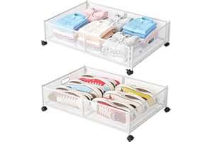 GAWERK Under Bed Storage with Wheels, Foldable Metal Mesh Underbed Storage Container Bins, Tool-free Assembly Clothes Drawer Organizer, 2Pack