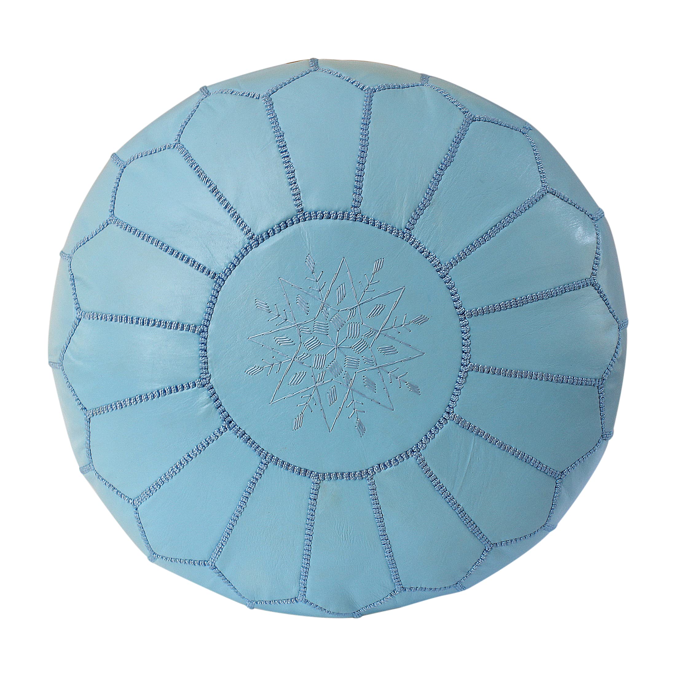 ESSENCE OF MOROCCO Moroccan Pouffe Pouf Footrest Footstool Ottoman Real Leather Light Blue Handmade Hand-stitched with Embroidered Marrakech Design (COVER ONLY)