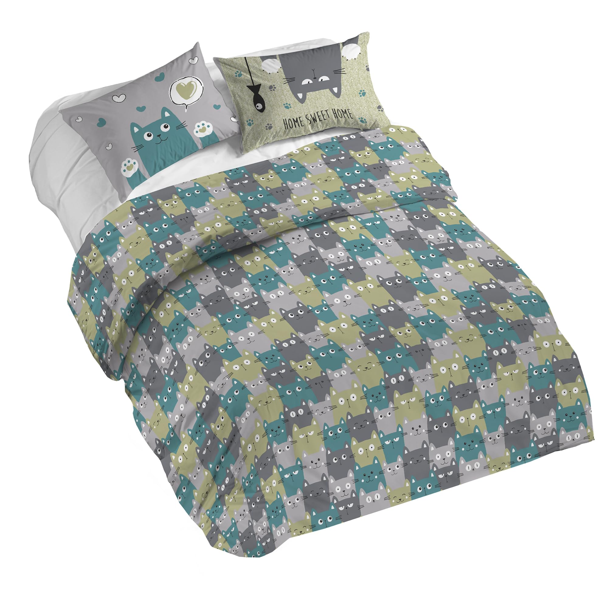 PENSIERI DELICATI Duvet Cover, Cotton, Happycat Green, 160 x 190 cm — image 1