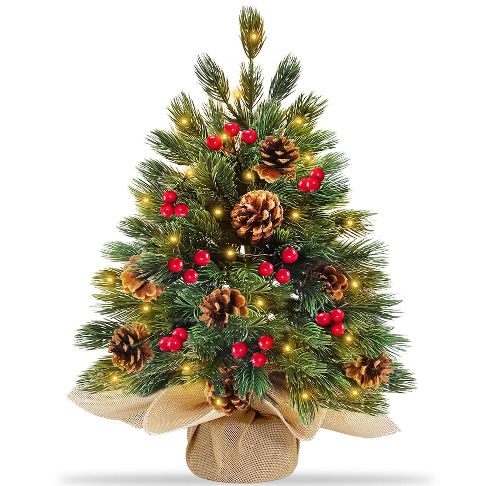 Photo 1 of TURNMEON 20 Inch Realistic-Feel PE Thick Tabletop Christmas Tree with 35 Warm Lights Timer Battery Operated Full PE Pine Artificial Small Christmas Tree Red Berries Pinecone Xmas Decor Home Indoor