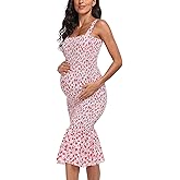 Summer Tank Maternity Dress Sleeveless Strappy Floral Midi Bodycon Square Neck Ruffle Mermaid Smocked Dress for Baby Shower