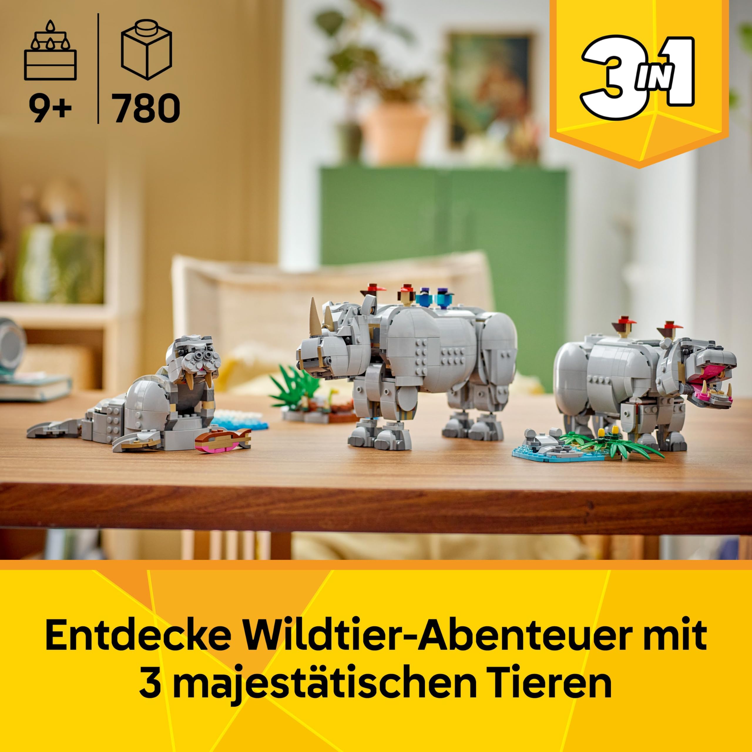 LEGO Creator 3in1 Wilde Tiere: Prächtiges Nashorn mit Vögeln - Kinder Spielzeug mit Tierfigur - Figur verwandelt sich in ein Nilpferd oder Walross - Geschenk für Mädchen und Jungen ab 9 Jahren - 31171 2