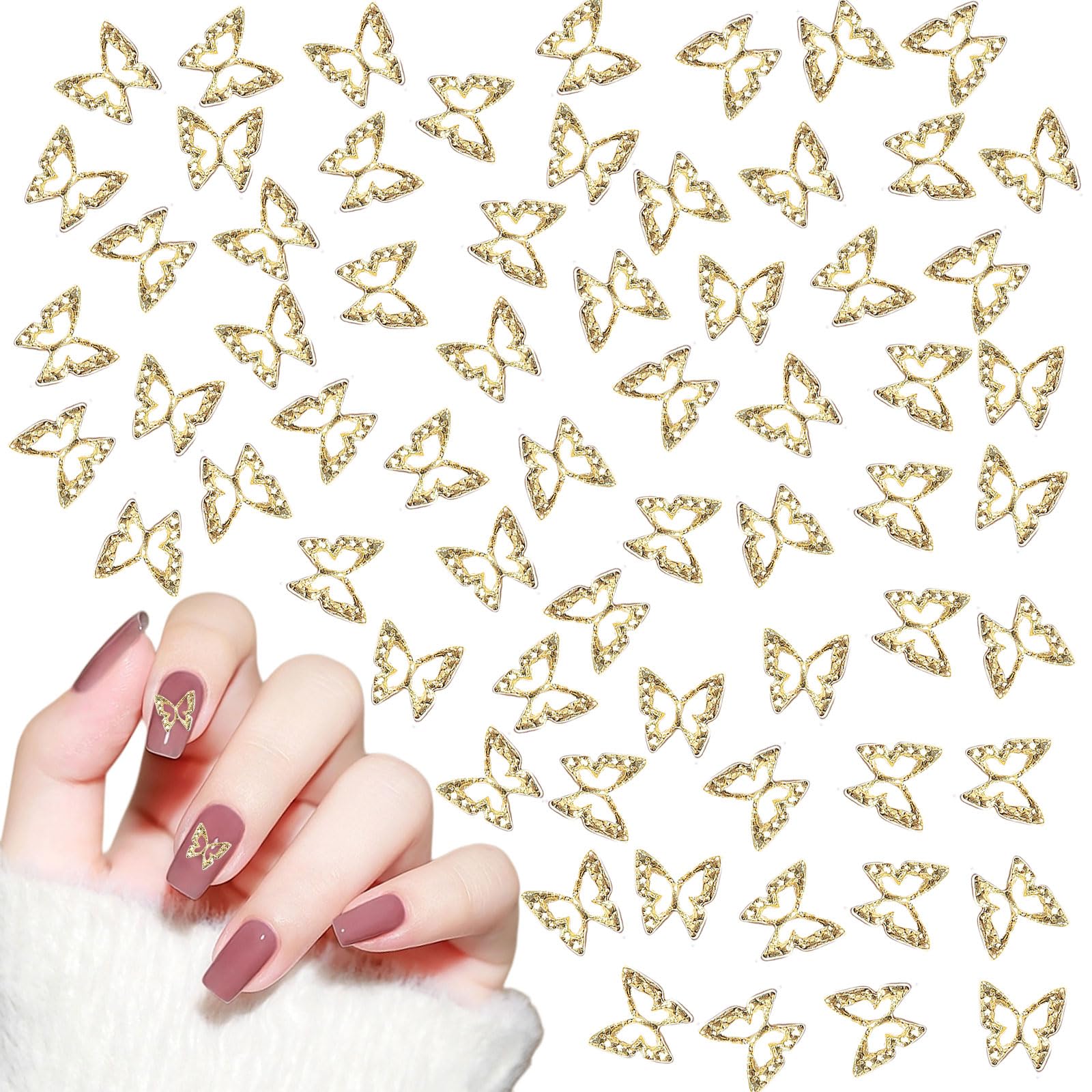 100PCS Hollow 3D Butterfly Nail Art Charms - Metal Butterfly for Women Girls Manicure Design Decoration DIY Crafts (Gold)