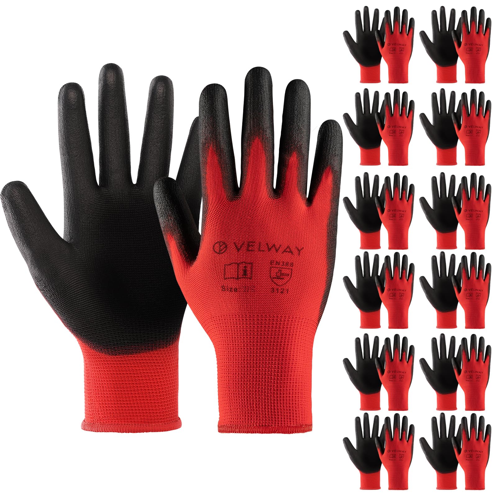 Velway 12 Pairs Safety Work Gloves - Firm Grip Gardening Gloves Non-Slip PU Coated Lightweight Breathable Protective Mechanic Builders Working Gloves Men Women for General Duty Work Red (Size 7/S)