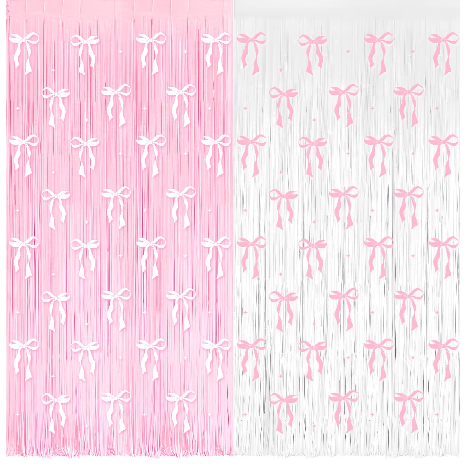 Photo 1 of 4 Pack Pink Bow Party Backdrop Decoration Pink Bow Foil Fringe Curtains for Girls Bow Birthday Baby Shower Decorations Bridal Shower Bachelorette Party Decor Supplies 3.2ft X 8.2ft