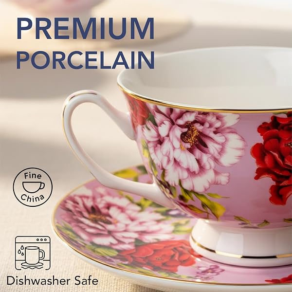 BTAT- FLORAL TEA CUPS AND SAUCERS, 8 OZ, SET OF 6