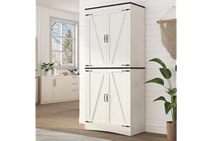 chartustriable 71in Farmhouse Kitchen Pantry Cabinet,Tall Storage Cabinet with 4 Doors and Adjustable shelves,with Load-Bearing Steel Pipe,Wood Storage Cabinets for Kitchen,Dining Room,Bathroom(White)