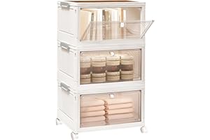 SPACLEAR 23QT Plastic Storage Drawers Stackable 3 Tiers Collapsible Storage Bins with Lids, Clear Storage Drawers for Clothes Storage & Organization, Craft Storage Bins Foldable Storage Boxes with Doors