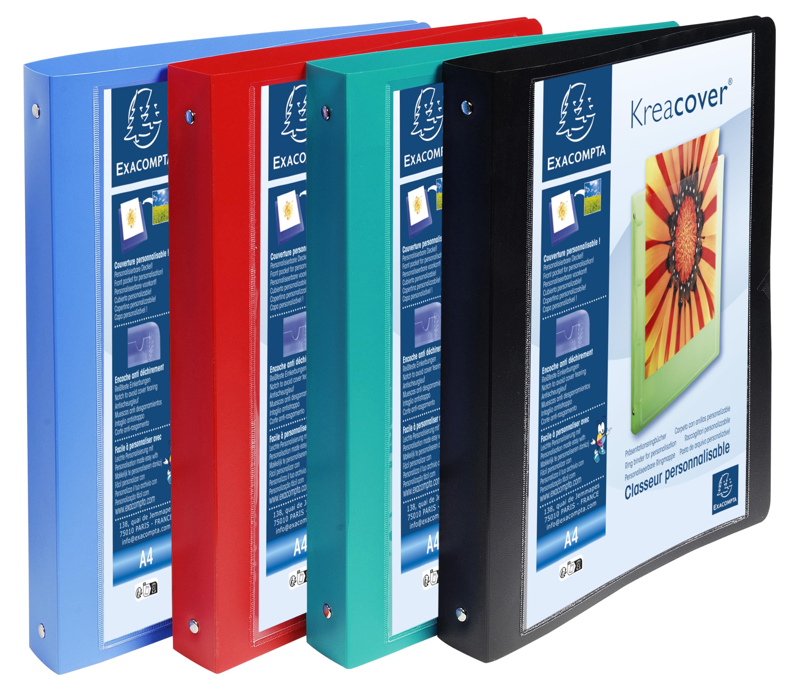 Exacompta - ref. 51229E - Box of 5 customizable semi-rigid PP binders 1 pocket - 4 round rings diam.30mm - External dimensions: 32 x 26.8 cm - Format to be filed A4 Maxi - 4 assorted colors
