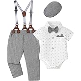 Coco&RARA Baby Boy Clothes Suits Infant Tuxedo Gentleman Dress Shirt with Bowtie Beret Suspender Pants Outfit Sets 0-18M
