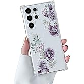 DEFBSC Soft Case Compatible with Samsung Galaxy S25 Ultra, Clear Floral Flower Pattern Print Design Flexible TPU Shockproof Cover for Women Girls, Flower Protective Phone Case,Purple Peony