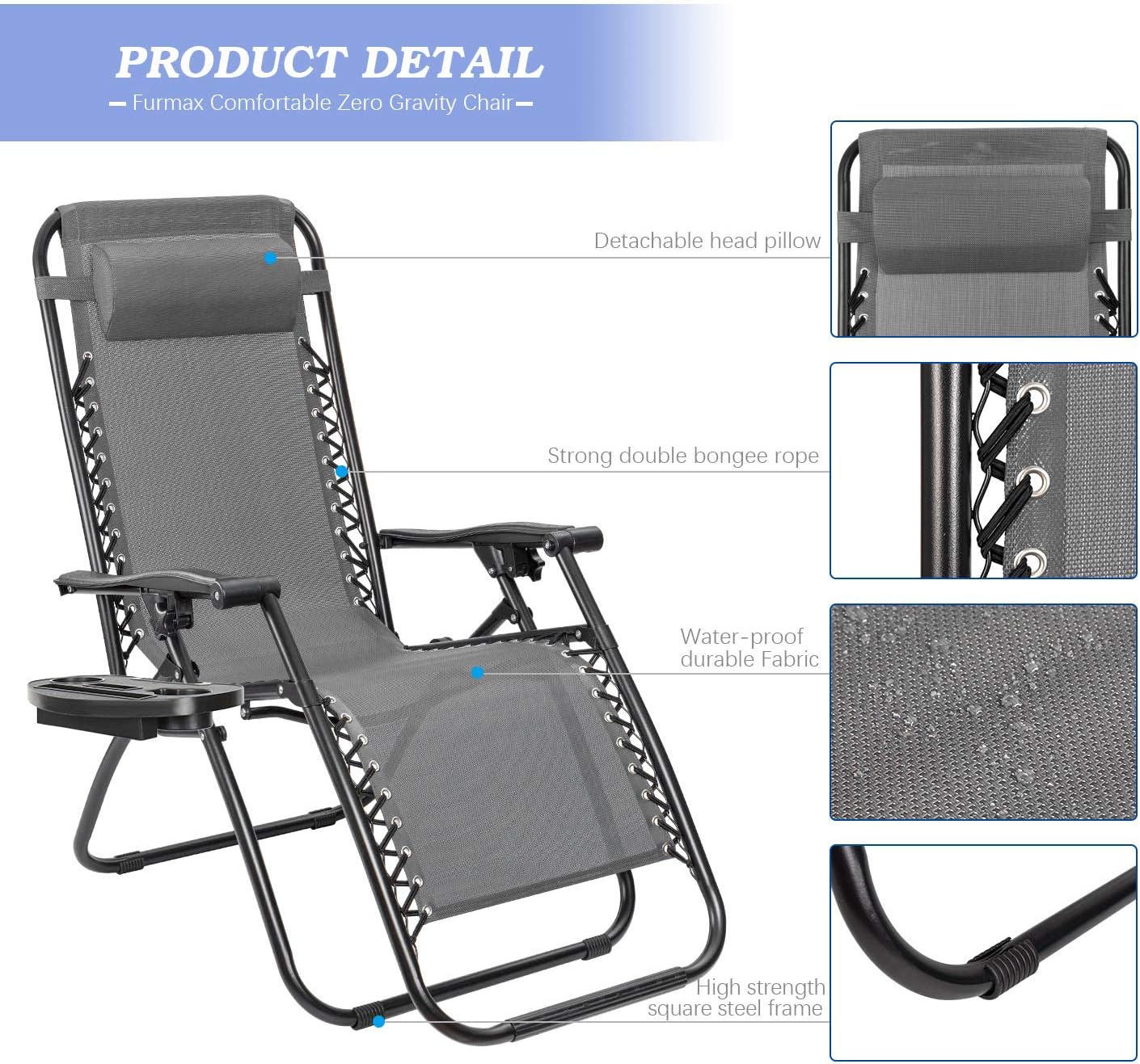 Furmax Zero Gravity Chair Patio Lounge Chair Portable Outdoor Folding Chair Adjustable Sun Lounger Reliner Chair for Backyard Deck Poolside Beach with Pillow and Cup Holder Tray Set of 2 (Gray): Kitchen & Dining