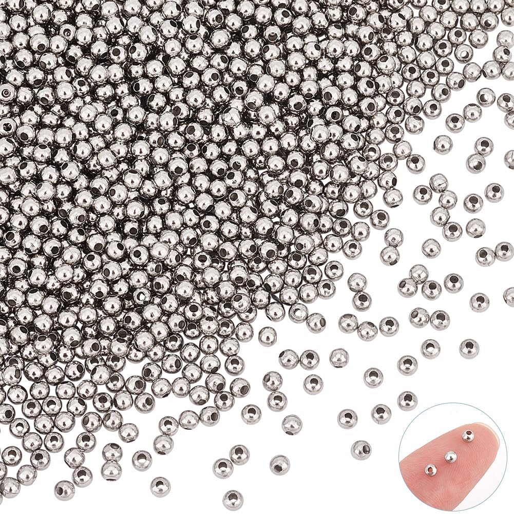 UNICRAFTALE 2000pcs 3mm Tiny Round Loose Stainless Steel Metal Beads with 1mm Hole Spacers for DIY Jewelry Making in Stainless Steel Color — image 1