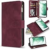 ZZXX for Samsung Galaxy S22 Plus Case Wallet with Card Slot Premium Soft PU Leather Zipper Flip Folio Wallet with Wrist Strap Kickstand Protective for Samsung S22+ Wallet Case(Wine Red-6.6 Inch)