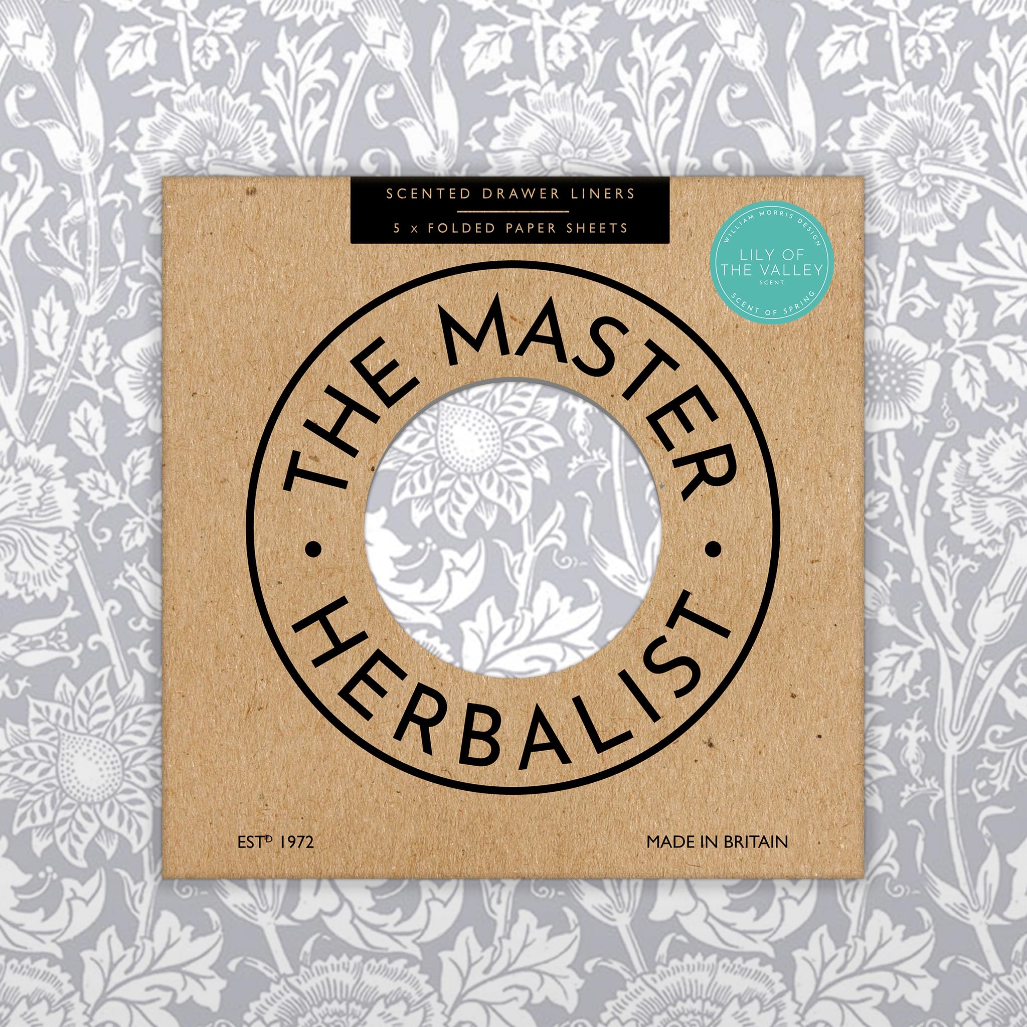 The Master Herbalist Fragrant Lily of The Valley Scented Drawer Liners in a Grey William Morris Design | Pack of 5 Sheets (Folded) | Contains Essential Oils | Made in UK