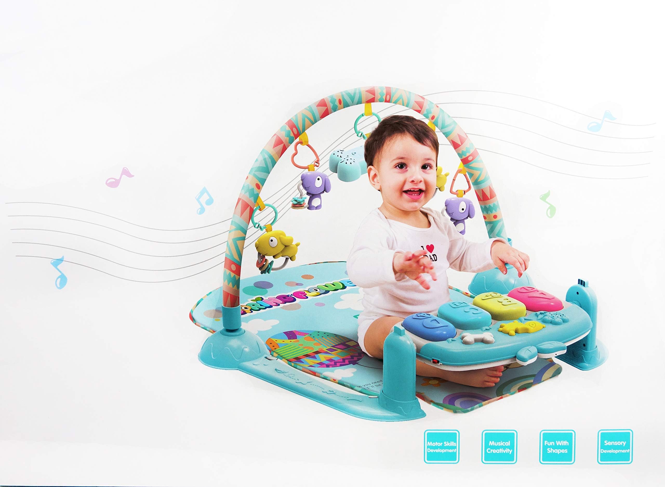 NBD Corp Piano Baby Gym for Baby Girls and Boys Keyboard Sounds, Soft Sitting Mat and Hanging Kick and Pull Toys.